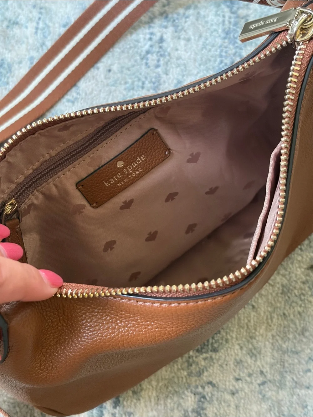 Kate Spade New York Rosie Brown Leather Crossbody Bag with Striped Strap